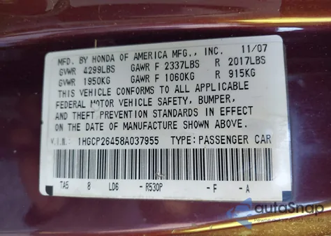 2008 Honda Accord Lxp из США, поврежденный, VIN 1HGCP26458A037955